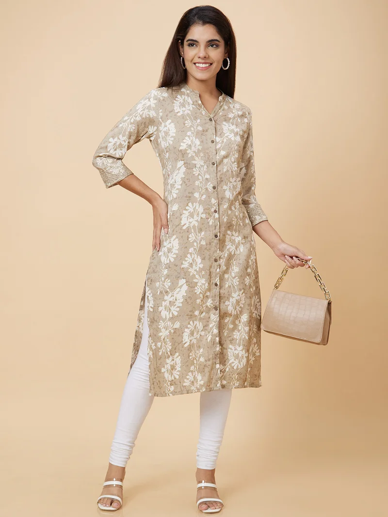 globus Globus Women Mandarin Collar Floral Printed Thread Work Kurta
